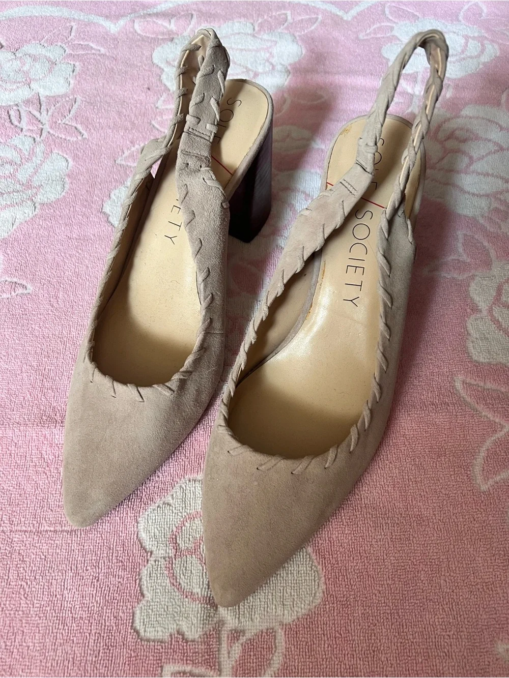 Sole Society Taupe Braided Slingback Block Heel Pumps